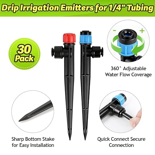 30 Pack Quick Connect Drip Emitters Set for 1/4" Irrigation Tubing, Adjustable 360 Degree Water Flow Irrigation Sprayer 15pcs Vortex Emitter+ 15pcs Stream Dripper for Garden Watering System
