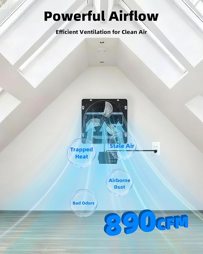 10 Inch Upgraded Shutter Exhaust Fan with Thermostat & Remote Control, Automatic On/Off by Temperature, 890 CFM Wall Mounted Garage Fan for Attic, Greenhouses, Sheds, Chicken Coops & Shops