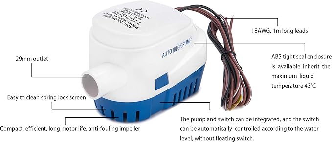 Dontmiss Automatic Submersible small Boat Bilge Pump 12v 1100gph Auto with Float Switch，1 1/8"Outlet Marine-Grade Durable Construction,bilge pumps for boats, Ponds, Pools, Caravan RV