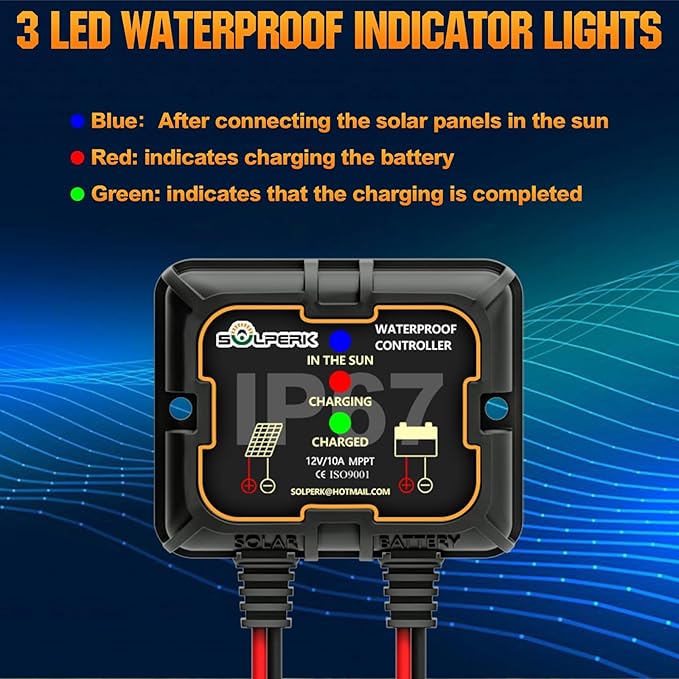 SOLPERK Waterproof Solar Charge Controller 10A 12V,Intelligent Portable Controller IP67 Solar Panel Controllers for AGM, Gel, Flooded and Lithium Battery