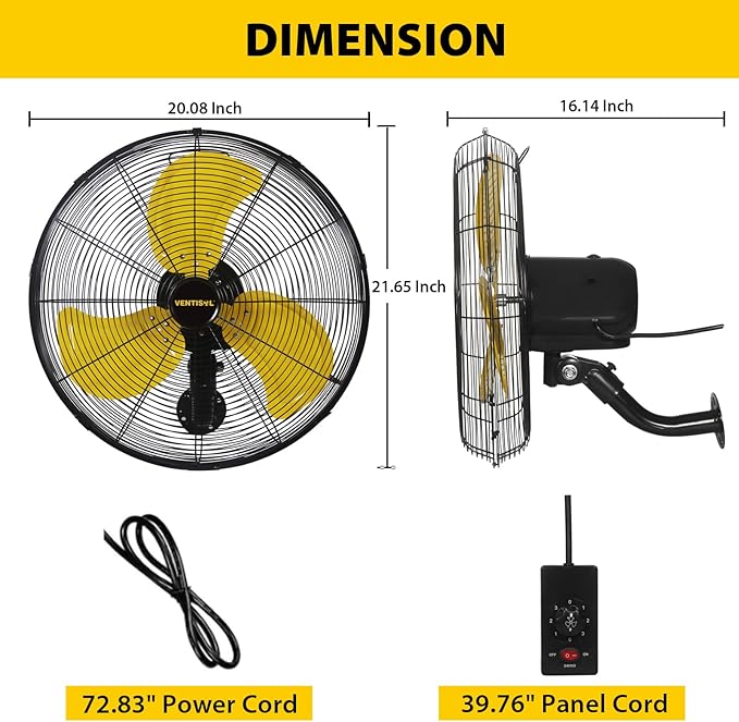 VENTISOL 18 Inch 3-Speed High Velocity Oscillating Wall Fan, 4,200 CFM, 90-Degree Oscillation for Household, Workshops, Shops, Commercial, Patios
