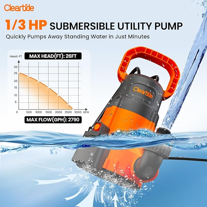 Cleartide 1/3 HP Submersible Utility Pump, 2790 GPH High Flow, Thermoplastic Portable Sump Pump with Auto Water Sensor, Ideal for Flooded Basement & Yard, Hot Tub, Pond & Garden Draining, 10 FT Cord