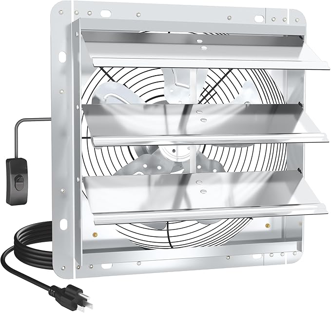 12 Inch Shutter Exhaust Fan, High-Speed 1600CFM Low Noise Attic Fan, Automatic Shutter, Ventilation and Cooling Vent Fan for Greenhouses, Garages, Shop, Chicken Coops, Gable, Shed