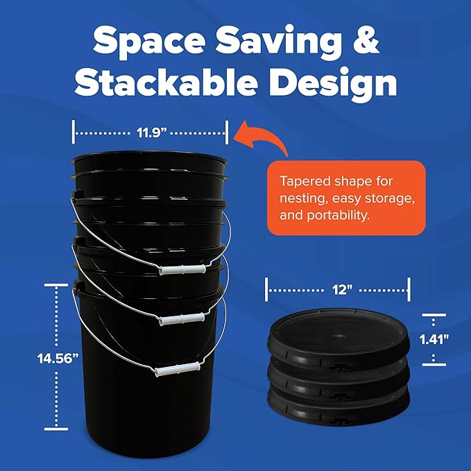 ePackageSupply 5 Gallon Bucket - Food Grade Bucket with Airtight Gasketed Tear Strip Lid, BPA-Free, Heavy-Duty 90 Mil HDPE Plastic Pail, Bulk Storage, Durable Container, Made in USA - Black, 12 Packs