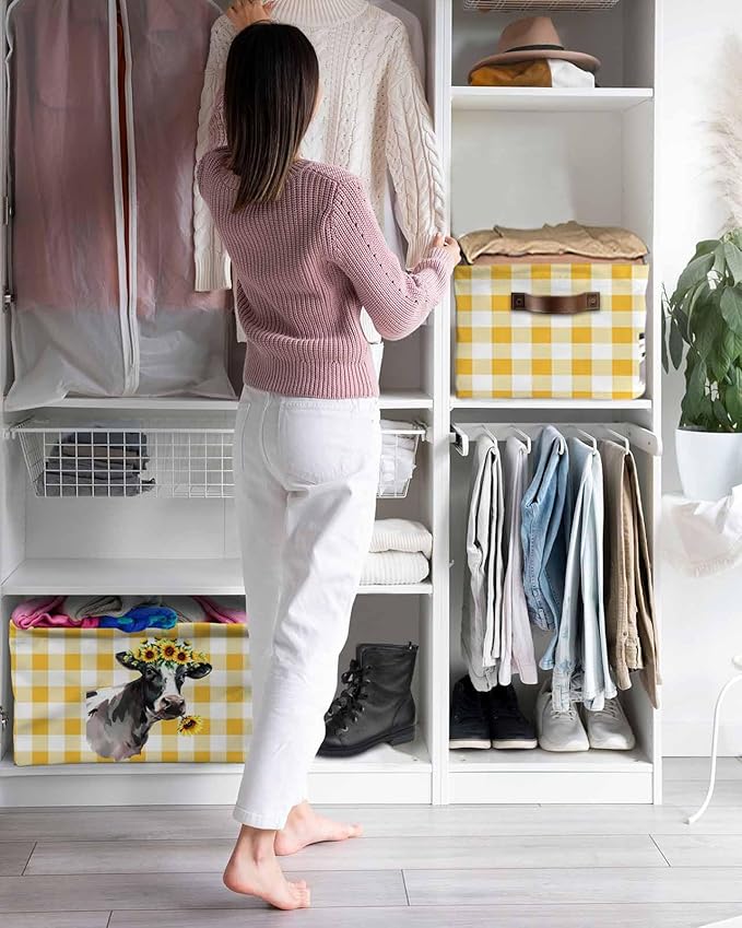 Sunflowers Cow Storage Bins Cubes Waterproof Cloth Storage Basket, Farm Animal Yellow Buffalo Plaid Foldable Storage Bags for Shelf Closet Clothes Storages Organizers with Handles 15x11x9.5 in 1PCS
