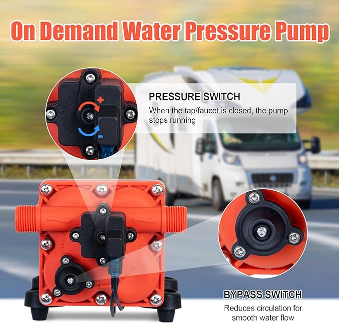 Four Chambers On Demand 110V Water Pressure Pump 5.5GPM 70PSI,Self Priming RV Fresh Water Diaphragm Pump Included Garden Hose for Home Industrial Irrigation Sprinkler