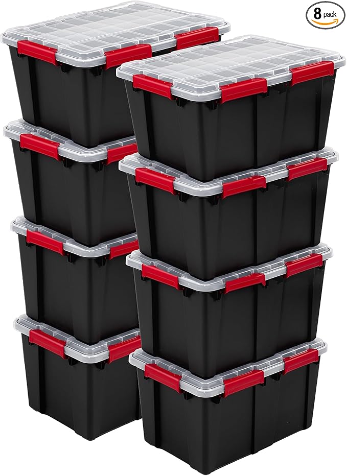 Sterilite 8 Pack Gasket Box, Stackable Plastic 13.5 Gallon Storage Container with Lids, Black - Waterproof and Dustproof Tote for Home Organization