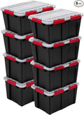 Sterilite 8 Pack Gasket Box, Stackable Plastic 13.5 Gallon Storage Container with Lids, Black - Waterproof and Dustproof Tote for Home Organization