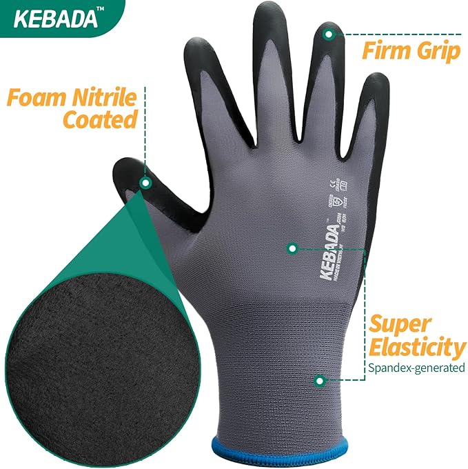Kebada W5-60 Pairs Bulk Safety Work Gloves Foam Nitrile Coated, Seamless Knit Nylon Glove with Grip, Ideal for Mechanic, Warehouse, Construction & Gardening, Medium