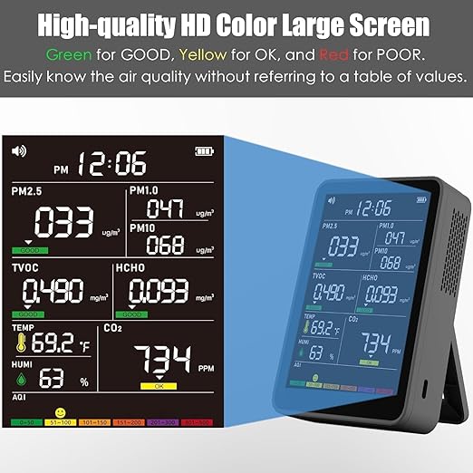 Professional Indoor Air Quality Monitor with AQI Alerts, Portable Real-Time Detector for Home, Car, Plants & Pet