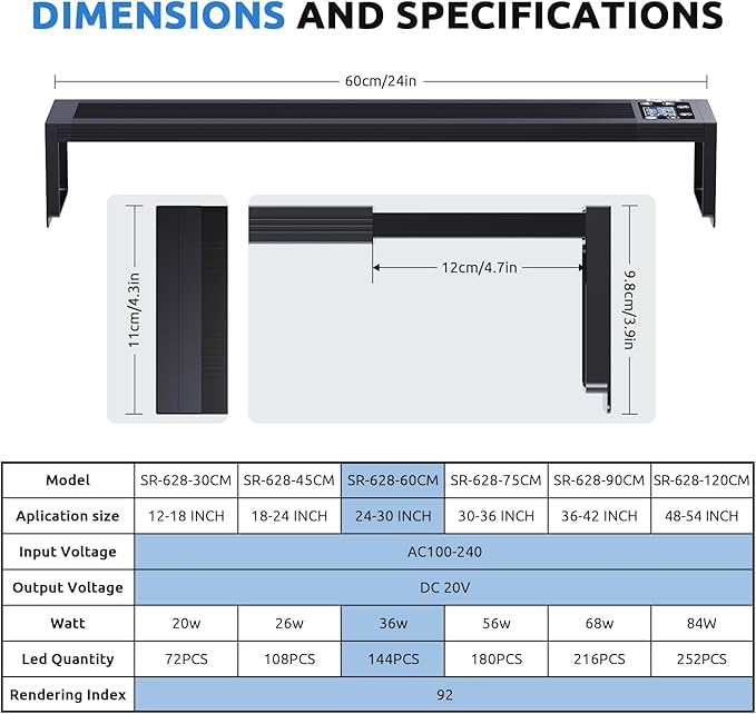 SEAOURA 24/7 LED Aquarium Light for 24-30 Inch Fish Tank, Auto On Off with Timer, 9 Colors, Adjustable Brightness, Daylight & Moonlight Mode, Full Spectrum Fish Tank Light for Plants