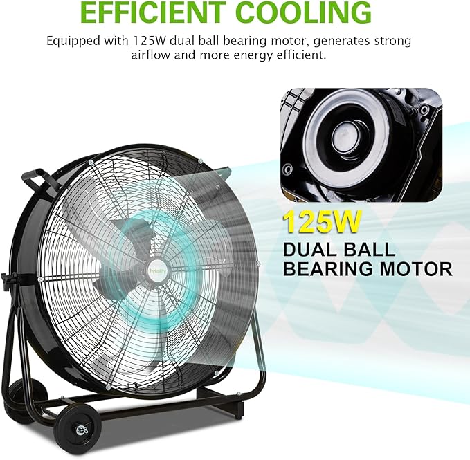 hykolity 24 inch Ultra Quiet Variable Speed High Velocity Drum Fan, 7800 CFM Industrial Heavy Duty Shop Fan with DC Motor for Workshops, Garage, Warehouse and Basement, UL Listed