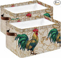 Vintage Rooster Storage Bins Cubes Waterproof Cloth Storage Basket, Elegant Retro Animals Farmhouse Foldable Storage Bags for Shelf Closet Clothes Storages Organizers with Handles 15x11x9.5 in 2PCS