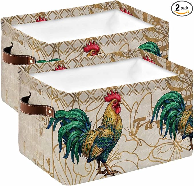 Vintage Rooster Storage Bins Cubes Waterproof Cloth Storage Basket, Elegant Retro Animals Farmhouse Foldable Storage Bags for Shelf Closet Clothes Storages Organizers with Handles 15x11x9.5 in 2PCS