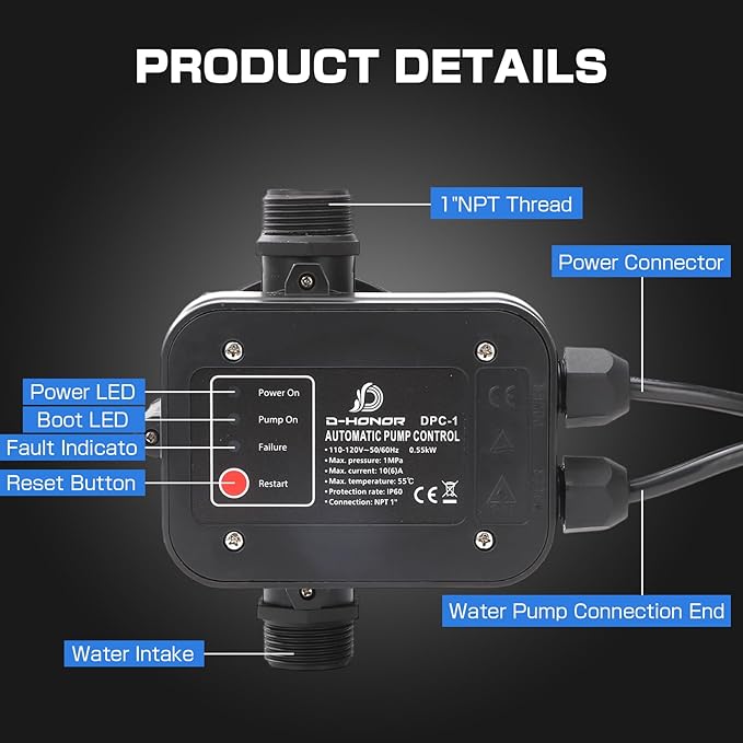D-HONOR Water Pump Pressure Controller, 110V 50/60HZ Automatic Electronic Switch, Pressure Adjustable Range 1.5-2.5bar, Ideal for Various Water Pump Types
