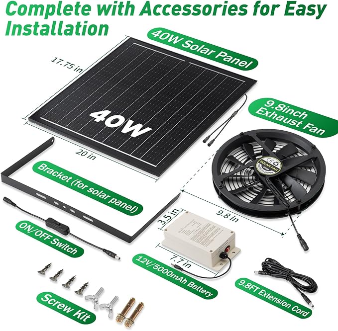 Solar Exhaust Fan with Battery, 40W 10" Solar Powered Fans for Greenhouse with 60Wh Battery Run Day & Night, Solar Vent Fan for Shed Chicken Coop Dog House Outside, Waterproof & Low Noise