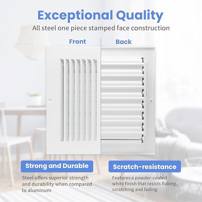 8 x 8 Inch [Duct Opening] Air Vent Covers for Wall or Ceiling - High Airflow 2 Way Steel Ventilation - Adjustable Wall/Ceiling Register, 9-3/4 Inch x 9-3/4 Inch [Overall Dimensions]