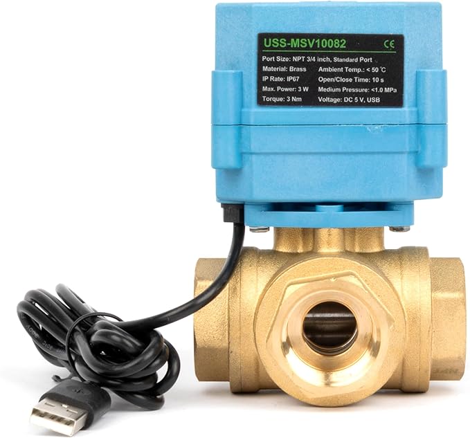 U.S. Solid WiFi Smart Motorized Ball Valve 3/4 inch NPT for Water Control & Irrigation, 3 Way Brass Electric Valve, USB Powered, LED Status Indicator, Flow Direction Window, Remote On/Off Control