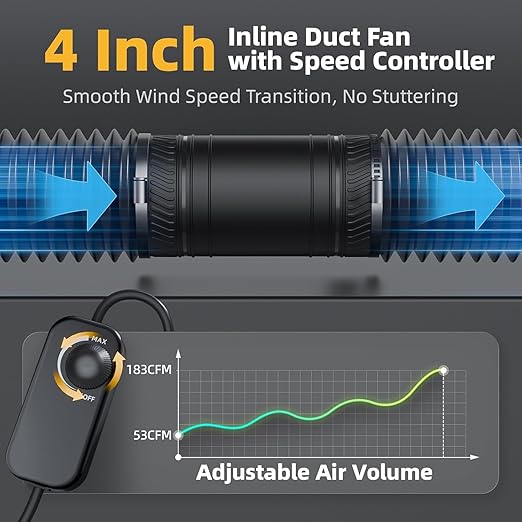 4 Inch Inline Duct Fan with Speed Controller, Upgraded Inline Fans High-Efficiency Exhaust Duct Fan, Low Noise HVAC Ventilation in Basement Bathroom Workshop Attic Grow Tent