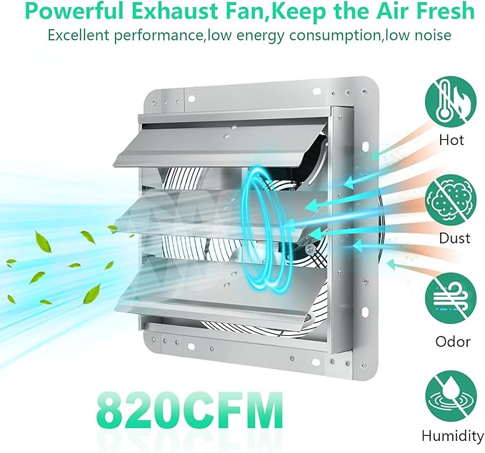 Shutter Exhaust Fan,10 inch Wall Mount Ventilator Fan with ON/OFF Switch,820 CFM,1650 RPM, Attic Vent Fan for Greenhouse,Barn, Garage, Shed,Chicken Coops Ventilation Fans