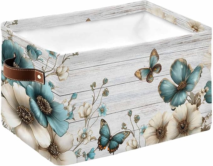 Teal Tulip Butterfly Storage Bins Cubes Waterproof Cloth Storage Basket,Beige Turquoise Floral Grey Wooden Foldable Storage Bags for Shelf Clothes Storages Organizers with Handles 15x11x9.5 in 1PCS