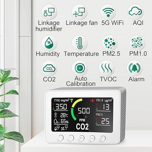 12 in 1 Air Quality Monitor Indoor,Air Quality Tester for Home,Air Quality Meters for CO2,TVOC,PM1.0,PM2.5,AQI,Temperature and Humidity,Air Quality Detector for Home,Office (White)
