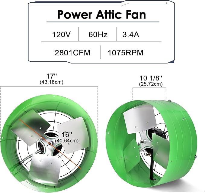 Hiorucet Gable Mount Attic Exhaust Fan with Adjustable Thermostat, 2801CFM 3750 SQF High Speed Low Noise Gable Vent Fan, 16 Inch Fan Blade and Permanently Lubricated Motor, Green.