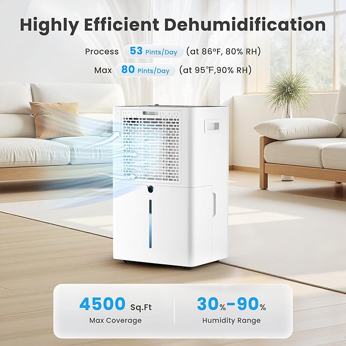 Candy 4500 Sq.Ft Dehumidifier for Basement,80 Pints Dehumidifiers for Home,Continuous/Sleep/Auto Mode,1.35 Gal Water Tank with Drain Hose,Portable & Wifi for Large Room,Bedroom,Bathroom,Garage,Laundry