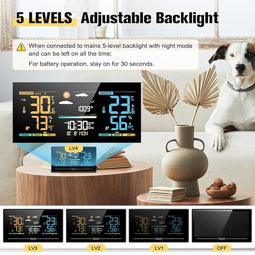Uzoli EM3405 Wireless Weather Station Indoor Outdoor Thermometer with Remote Sensor, Color Display Home Weather Station with Weather Forecast, Atmospheric Pressure Monitor, Weather Alert
