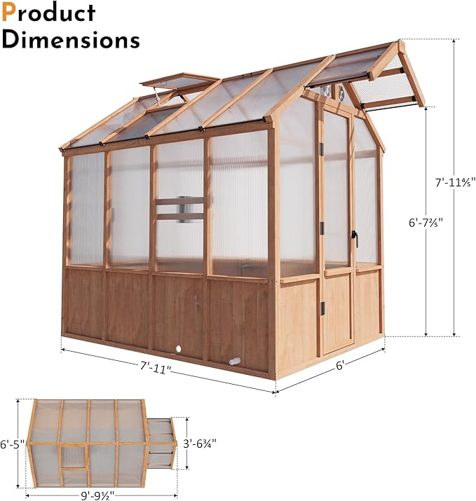 Modern Shade EverBloom 6.5'x8' Wooden Greenhouse, 8' Extra-Tall Cedar Wood Greenhouse with Built-in Outdoor Faucet Kit, Heavy Duty Greenhouse with Built-in Shelving, Power Strip & Ventilation System