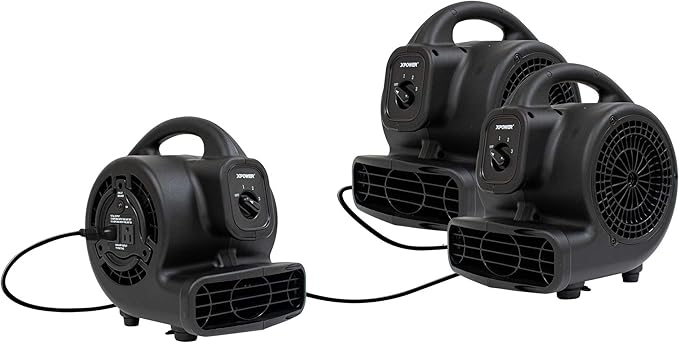 XPOWER P-80A Mini Mighty 138 W 600 CFM Centrifugal Air Mover, Carpet Dryer, Floor Fan, Blower, Stackable, Daisy Chain, for Water Damage Restoration, Janitorial, Plumbing, Home Use, Black