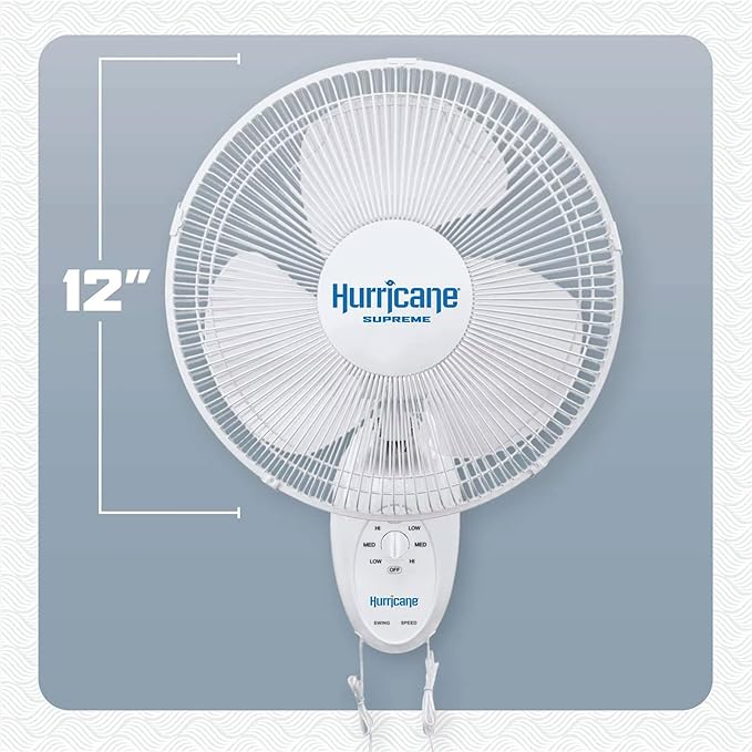 Hurricane Supreme 12” Portable Oscillating Wall Mount Fan, Space Saving, Powerful, and Quiet 3 Speed Airflow, Adjustable Tilt for Home and Workshop