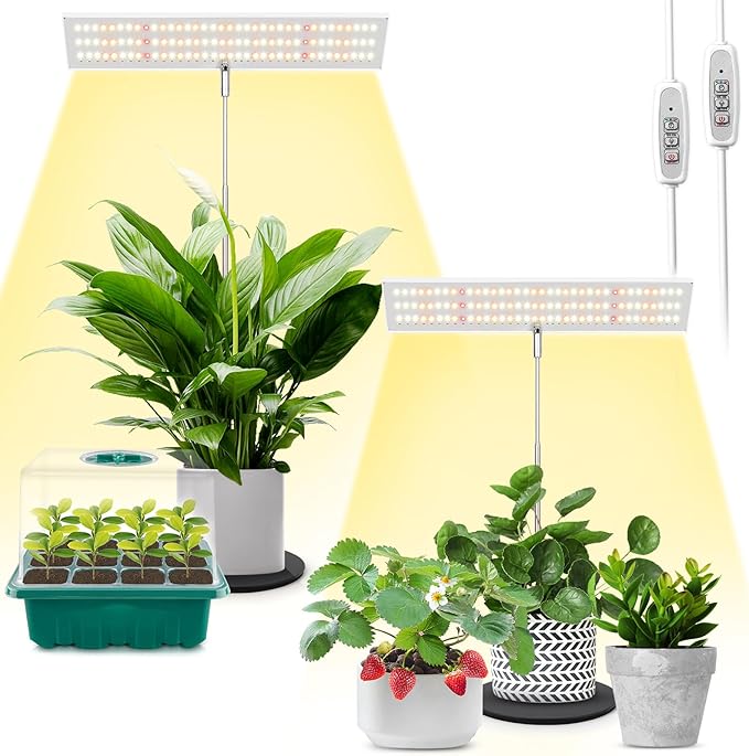 LORDEM Grow Light for Indoor Plant, Full Spectrum LED Plant Light, Height Adjustable Growing Lamp with Auto On/Off Timer 4H/8H/12H, 4 Dimmable Brightness, Ideal for Home Desk Plant Lighting, 2 Pack
