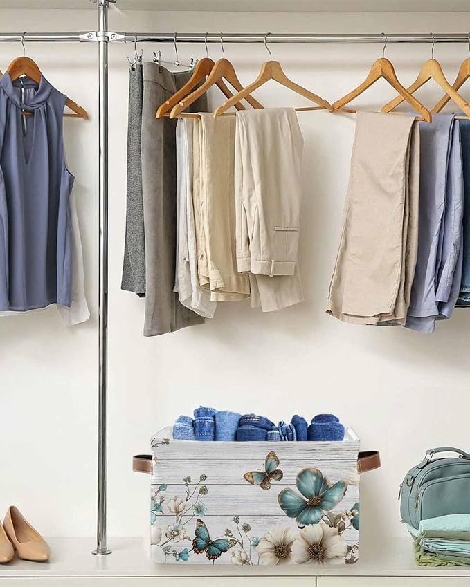 Teal Tulip Butterfly Storage Bins Cubes Waterproof Cloth Storage Basket,Beige Turquoise Floral Grey Wooden Foldable Storage Bags for Shelf Clothes Storages Organizers with Handles 15x11x9.5 in 2PCS