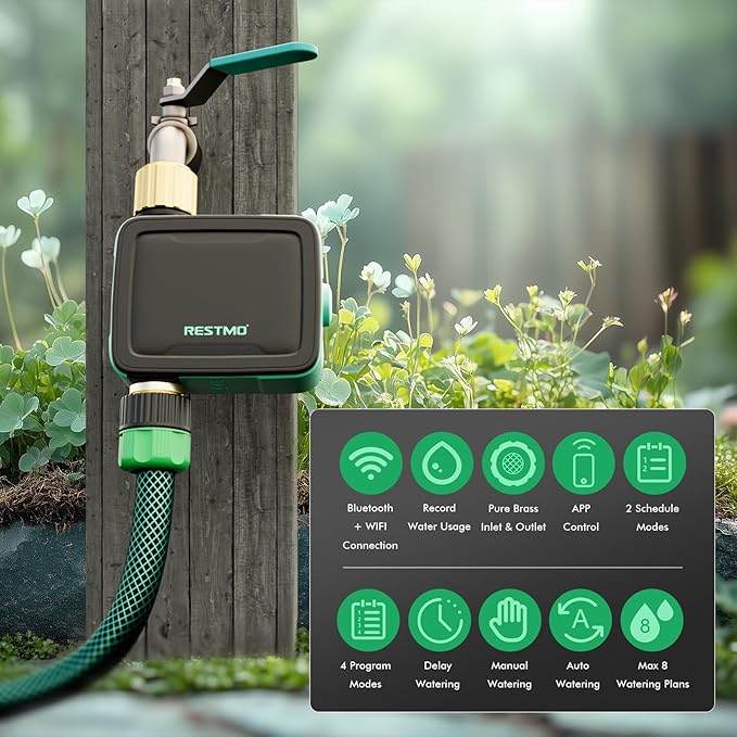 RESTMO Brass Inlet & Outlet Smart Sprinkler Hose Timer with Flow Meter, Water Timer for Garden Hose with APP Remote Control (2.4GHz WiFi Connection), Automatic Drip Irrigation System for Lawn, Yard