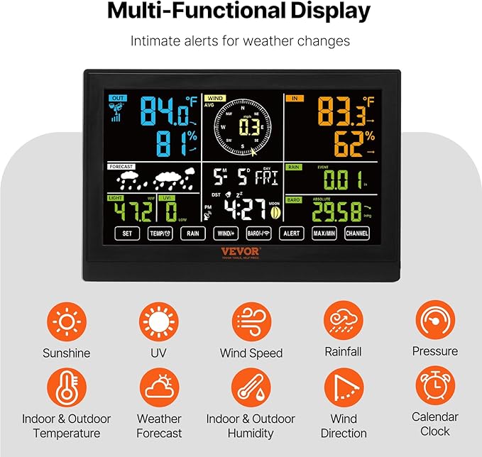 VEVOR 7-in-1 Wireless Weather Station, 7.5 in Color Display, Digital Weather Station Indoor Outdoor, for Temperature Humidity Wind Speed/Direction Rain UV, with Forecast Data, Alarm, Alerts-NO WiFi