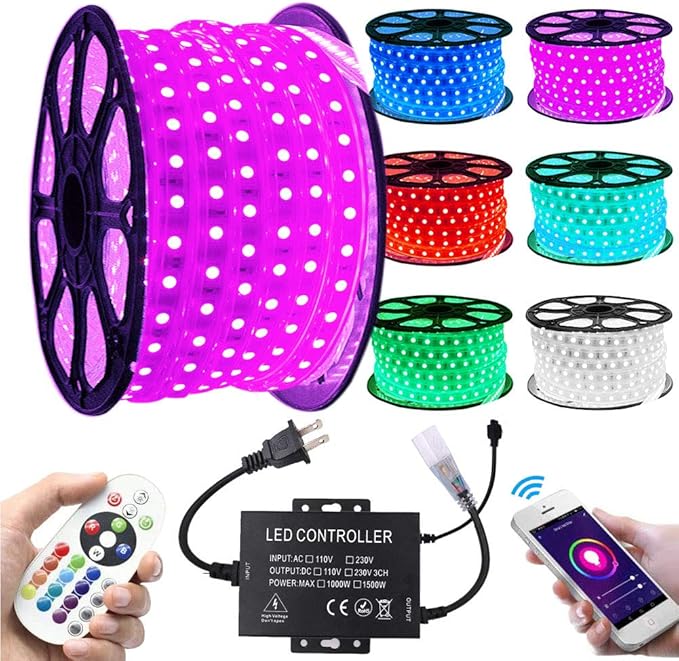 LED Strip Lights, WiFi 110-130V RGB Dimmable Waterproof 5050 60 LED/m Light Strip with 1500W Controller, Compatible with Alexa, Google Home, iOS & Android Music Time Control System(164ft/50m)