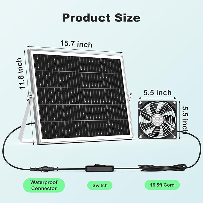 New 5.5" Solar Chicken Coop Fan 3 Kit, 35W Solar Powered Exhaust and Intake Greenhouse Fan Outdoor Waterproof, 16.5ft Cord, Strong Airflow, for Shed Pet House Air Circulation and Ventilation