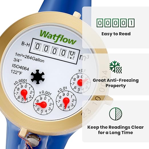 Watflow DN20 Water Meter 3/4" NPT, ISO4064 Certification Cubic Water Flow Meter, Cold Water Meter, for Garden or Home, Horizontal Install.