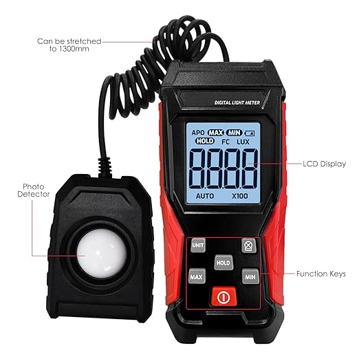Light Meter Lux Meter Handheld Photometer 0.1~200,000Lux / 0.01~20,000FC Range Digital Illuminance Lightmeter Luxmeter with 4 Digit LCD Display & Flexible Sensor for Plants, Headlights, Lumens LEDs