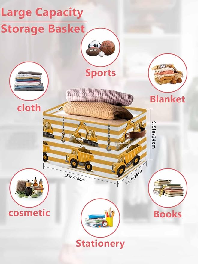 Yellow Truck Storage Bins Cubes Waterproof Cloth Storage Basket, Cartoon Striped Farmhouse Modern Art Foldable Storage Bags for Shelf Closet Clothes Organizers with Handles 15x11x9.5 in 2PCS