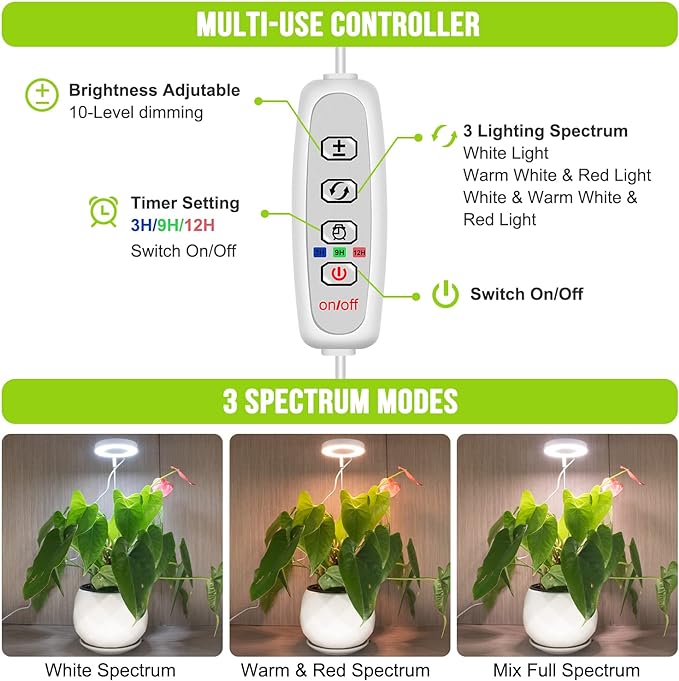 Kullsinss Grow Lights for Indoor Plants, Full Spectrum Halo Growing lamp with Detachable Base, Height Adjustable, 3 Colors, 10 Dimming, Automatic Timer, Plant Light for Small Plants Growing, 2-Pack