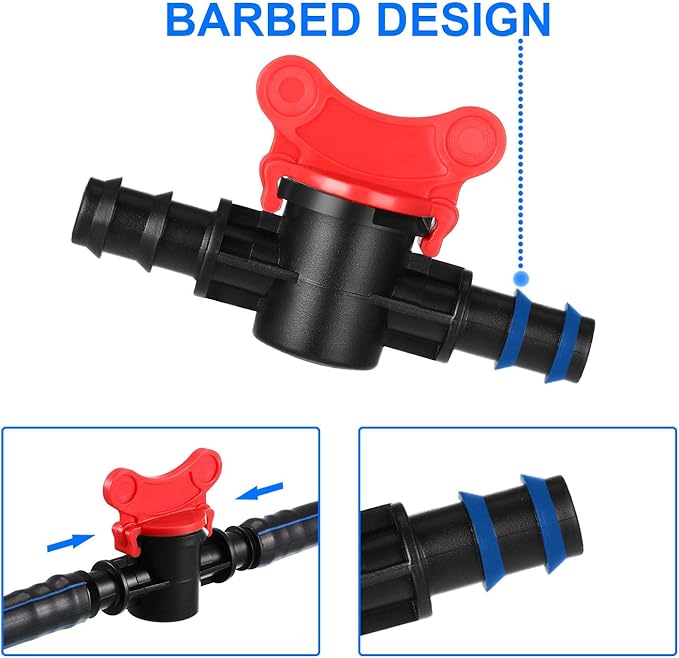 Boao Drip Irrigation Switch Valves - 1/2 Inch Double Male Barbed Valve - Manual Adjustment with Red Handle Top(8)