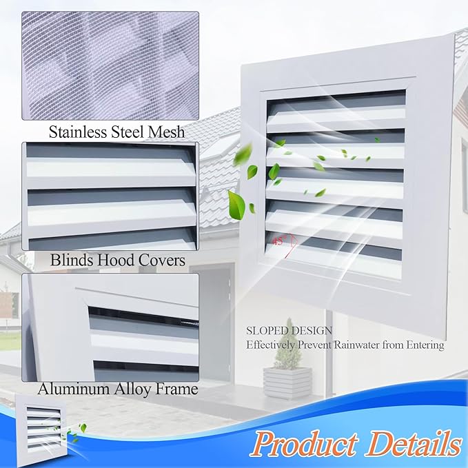 Gable Vent with Screen - 10" X 10" Aluminum Attic Vent Square Louvered Vent Cover - White Wall Vent Systems for Home Ceiling Shed Bathroom Garage