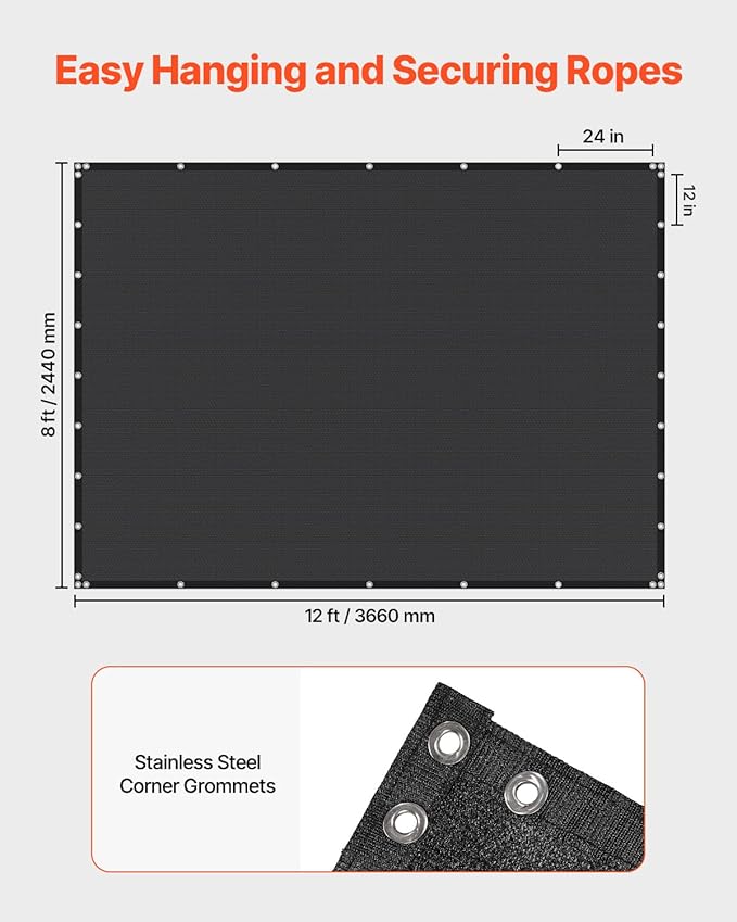 VEVOR 90% Sun Shade Cloth, 8 x 12 ft Pergola Shade Cover with Stainless Steel Grommets, Sun Shades Canopy Privacy Screen with 140 GSM HDPE Material, for Outdoor, Patio, Garden, and Backyard (Black)
