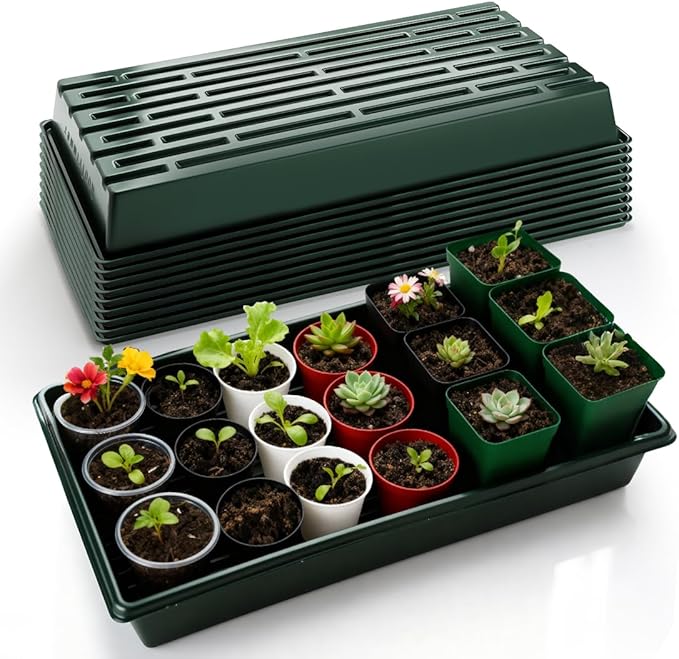 RooTrimmer 10 Pack 1020 Trays No Holes-Reusable Nursery Flats for 50/72 Cell Plug Tray, Heavy Duty Seed Starter Trays for Transplant, Seed Starting, Plant Propagation & Seed Germination (Dark Green)