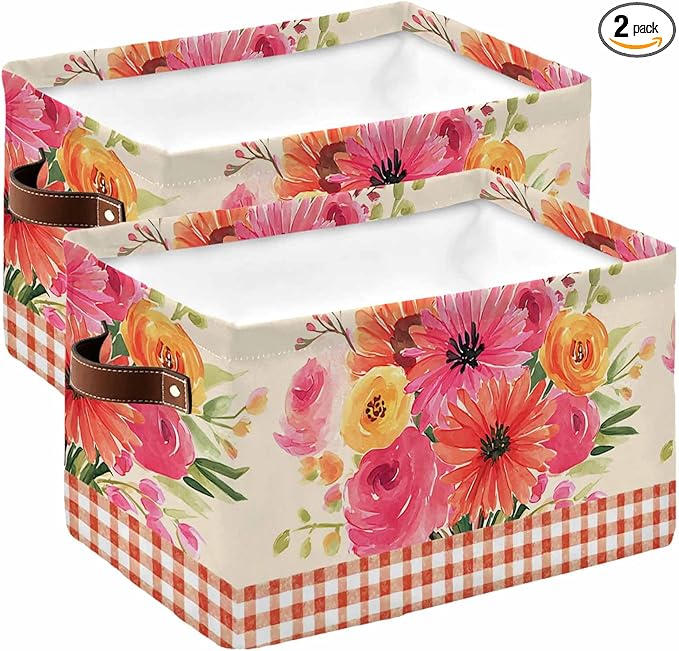 Spring Flowers Storage Bins Cubes Waterproof Cloth Storage Basket,Vintage Pastoral Floral Leaves Farm Checkered Foldable Storage Bags for Shelf Storages Organizers with Handles 15x11x9.5 in 2PCS