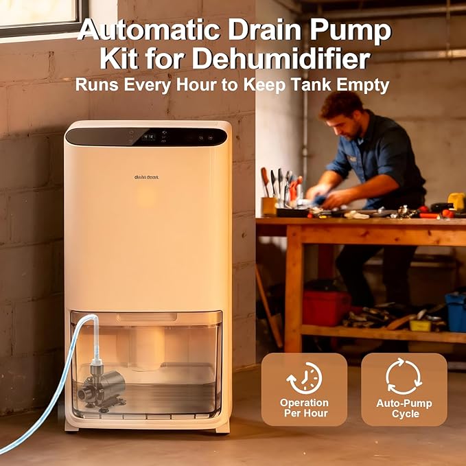 Upgraded Automatic Smart Dehumidifier Pump, 15FT High Lift, IPX8 Waterproof Mini Pump for Dehumidifier Drain, Auto Water-Level Detection, Ultra Quiet, Fits Most Large Dehumidifier Tanks