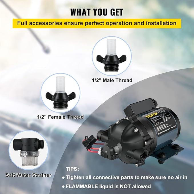 VEVOR Washdown Pump, 12V DC, 7 GPM 60 PSI, Max. 10 FT Lift Self Priming Water Pump, w/EPDM Valve, Universal Salt Water Strainer & Female/Male Thread, for RV, Marine Deck, Yacht
