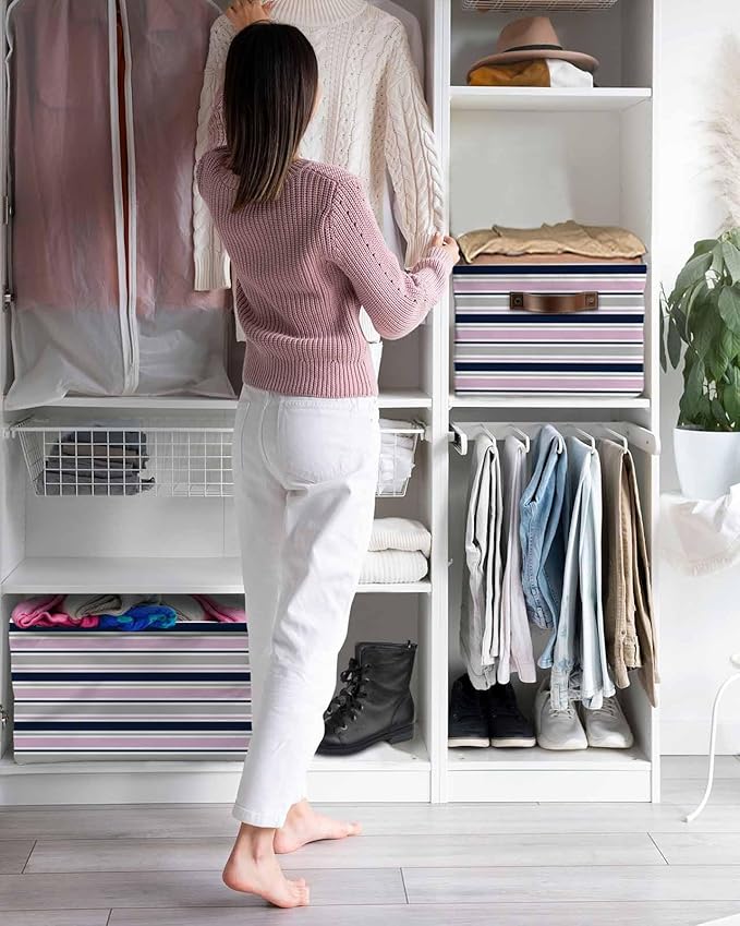 Pink Grey Striped Storage Bins Cubes Waterproof Cloth Storage Basket,Farmhouse Stripes Modern Abstract Art Foldable Storage Bags for Shelf Clothes Storages Organizers with Handles 15x11x9.5 in 2PCS